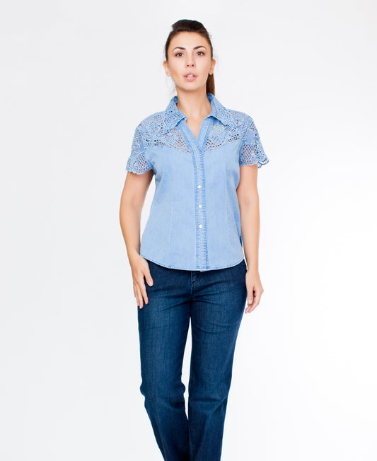 "Lafei-Nier" Denim Blouse with Lace On Collar and Shoulders