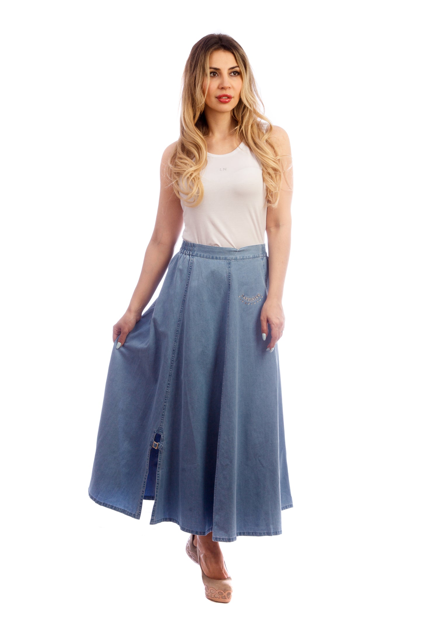 "Lafei-Nier" Long, Wide Denim Skirt with Flares