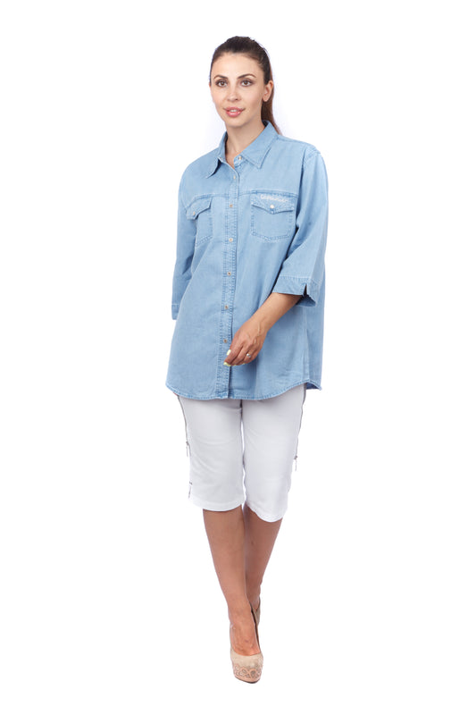 "Lafei-Nier" Plus-Size Light Denim Blouse with Pockets