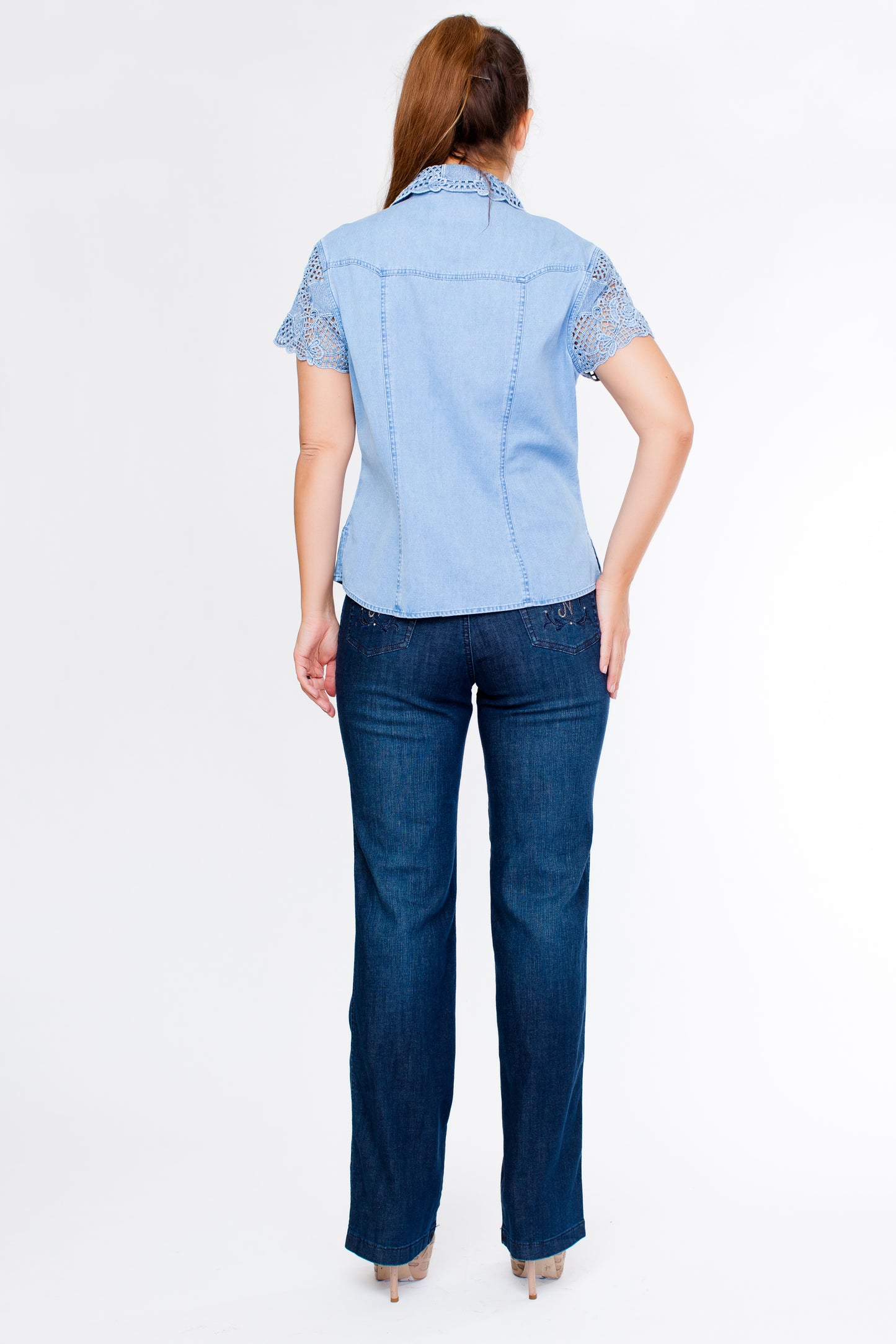 "Lafei-Nier" Denim Blouse with Lace On Collar and Shoulders