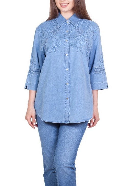 "Lafei-Nier" Denim Blouse with Lace and Over 50 Swarovski Crystals