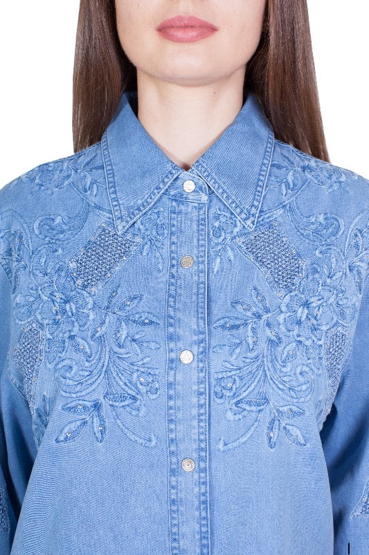 "Lafei-Nier" Denim Blouse with Lace and Over 50 Swarovski Crystals