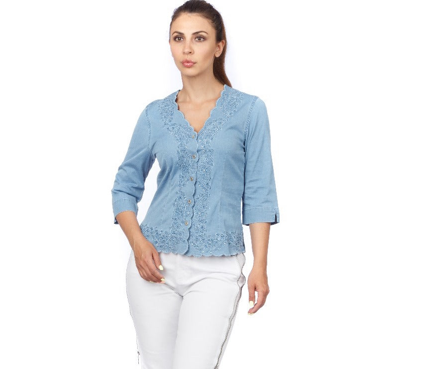 "Lafei-Nier" Denim Blouse with Lace Around Edges